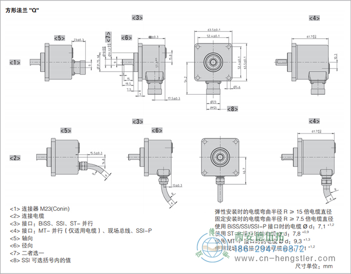 AC58-Interbus標(biāo)準(zhǔn)光電絕對(duì)值型編碼器外形及安裝尺寸(方形法蘭Q) 德國hengstler(亨士樂)編碼器