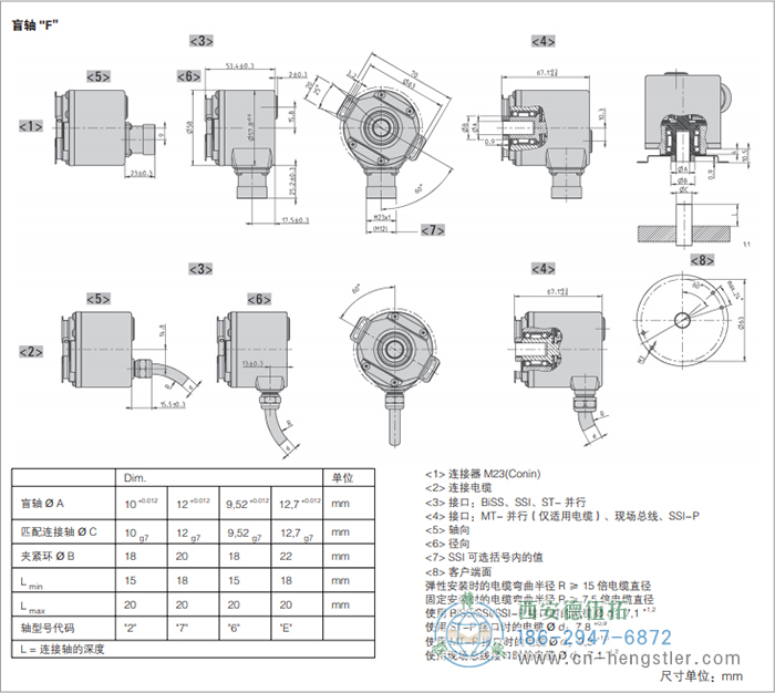 AC58-Profibus標(biāo)準(zhǔn)光電絕對(duì)值型編碼器外形及安裝尺寸(盲軸F) 德國hengstler(亨士樂)編碼器